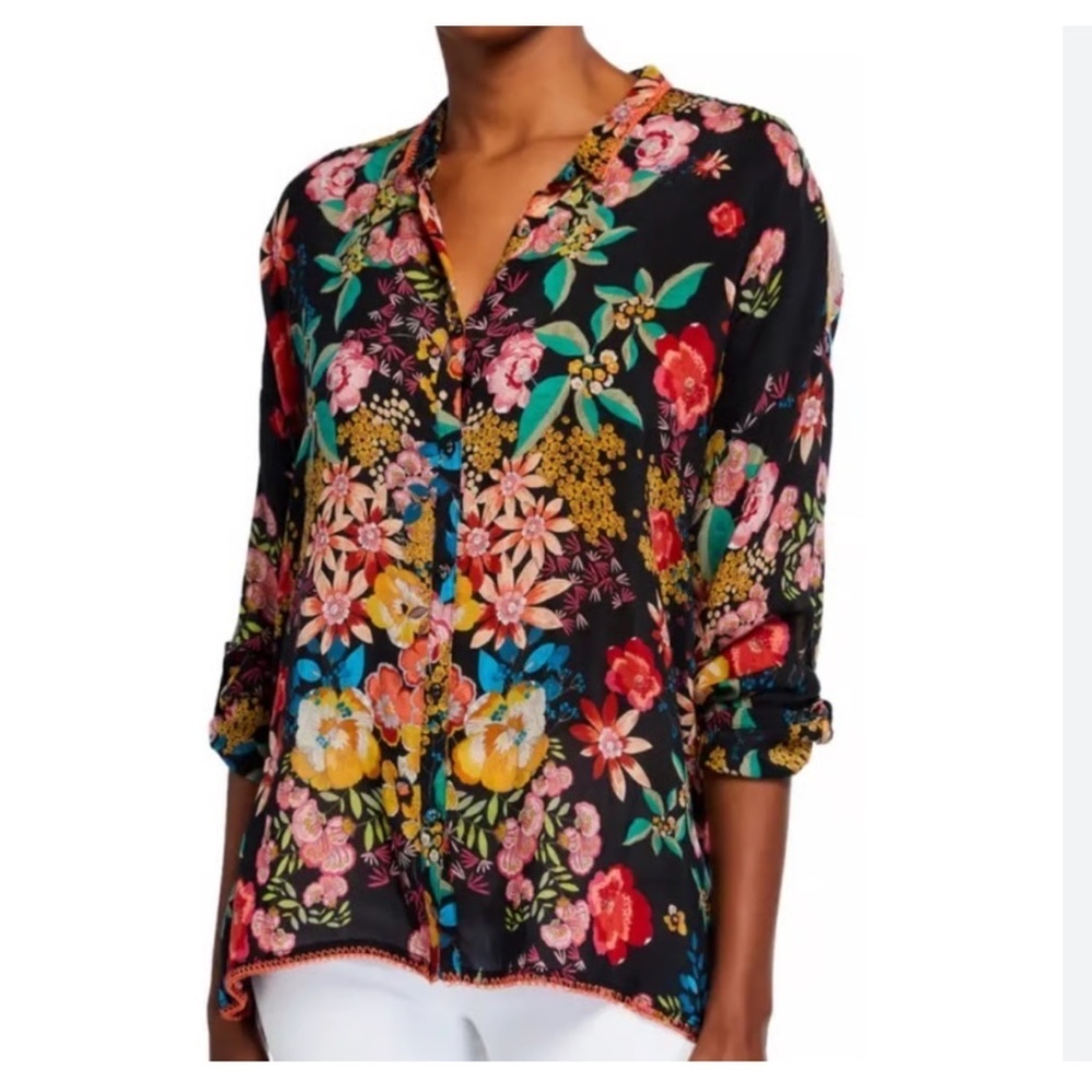 Johnny Was Poppy Floral Button Blouse Long Sleeve Whip Stitch Detail Size Small